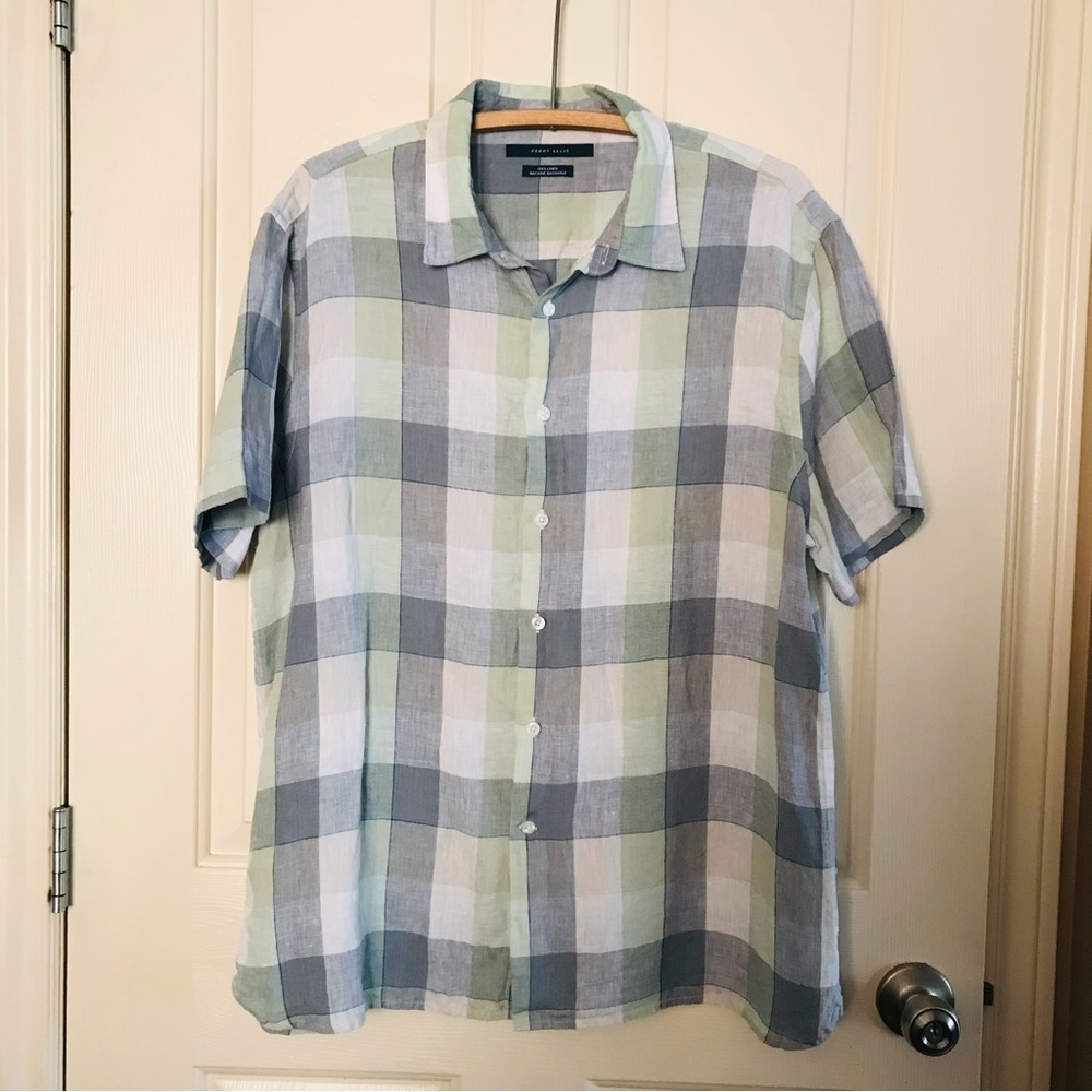 Perry Ellis Short Sleeve Linen Men’s Plaid Button Down Shirt Size XL